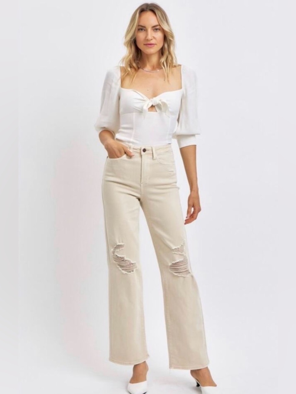 Judy Blue Cream High-Rise Wide Leg Distressed Jeans